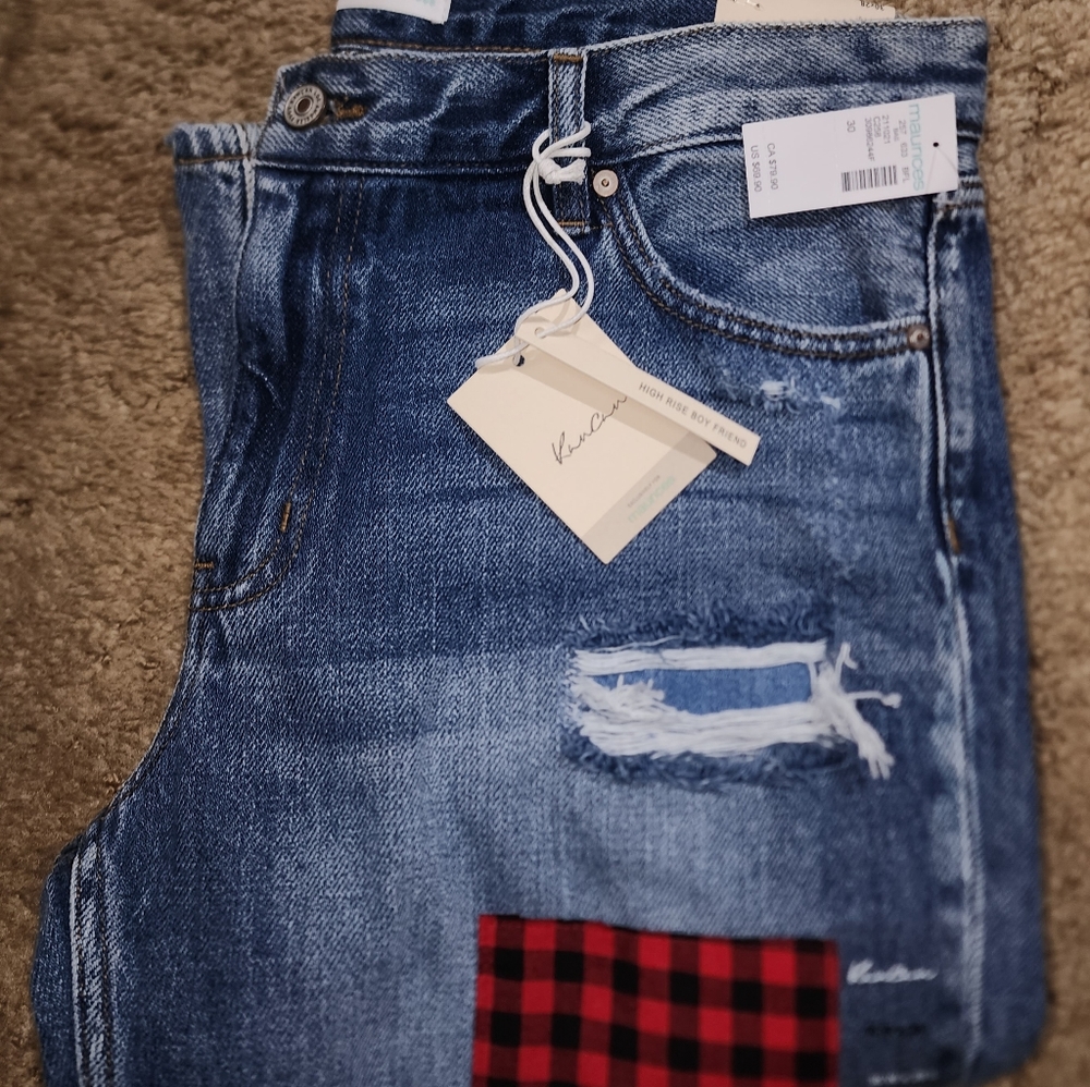NWT KanCan Nonstretch High Rise Plaid Patch Ripped Boyfriend Jeans